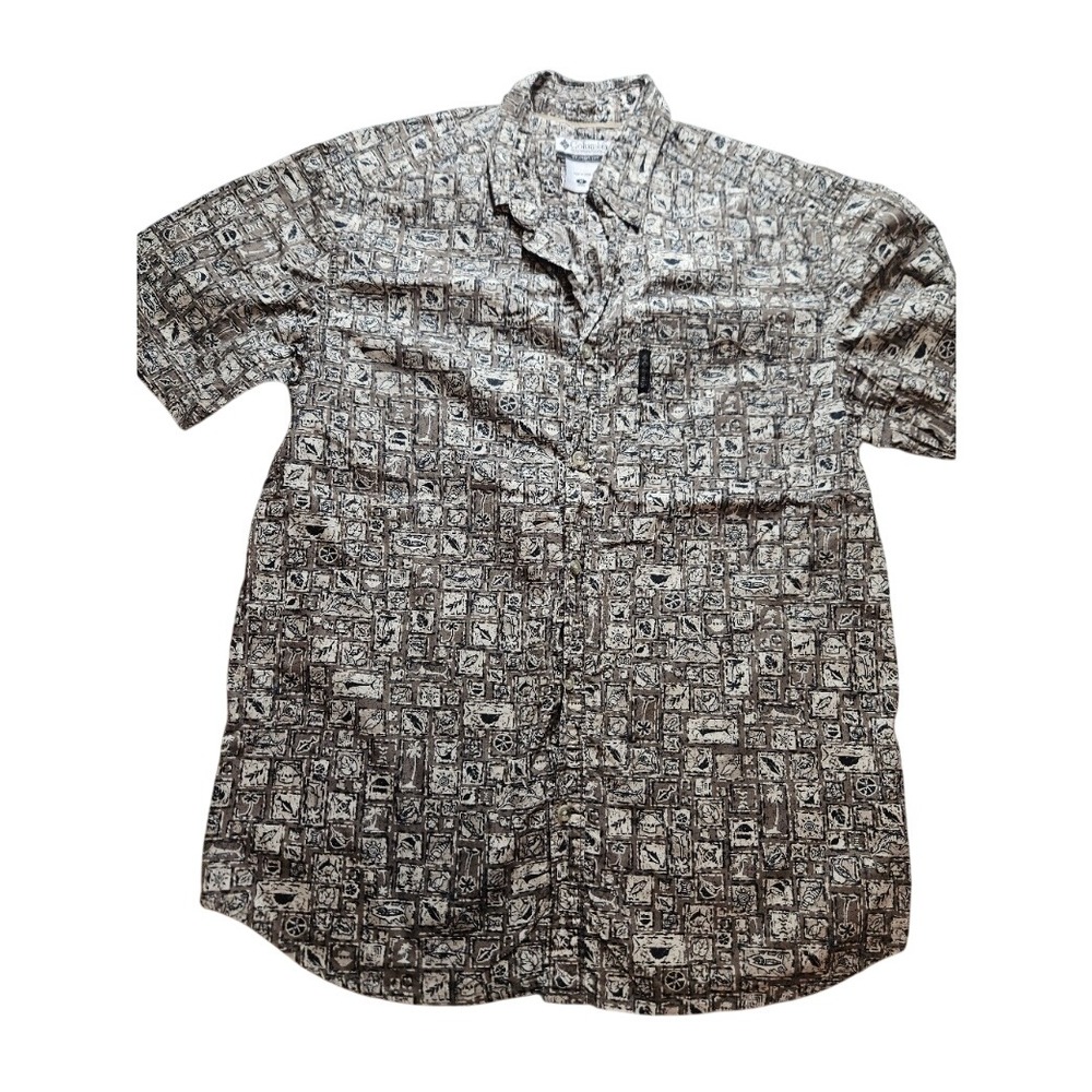 Columbia Sportswear Mens Medium Brown Fishing Marlin Tropical Print Shirt AM7088